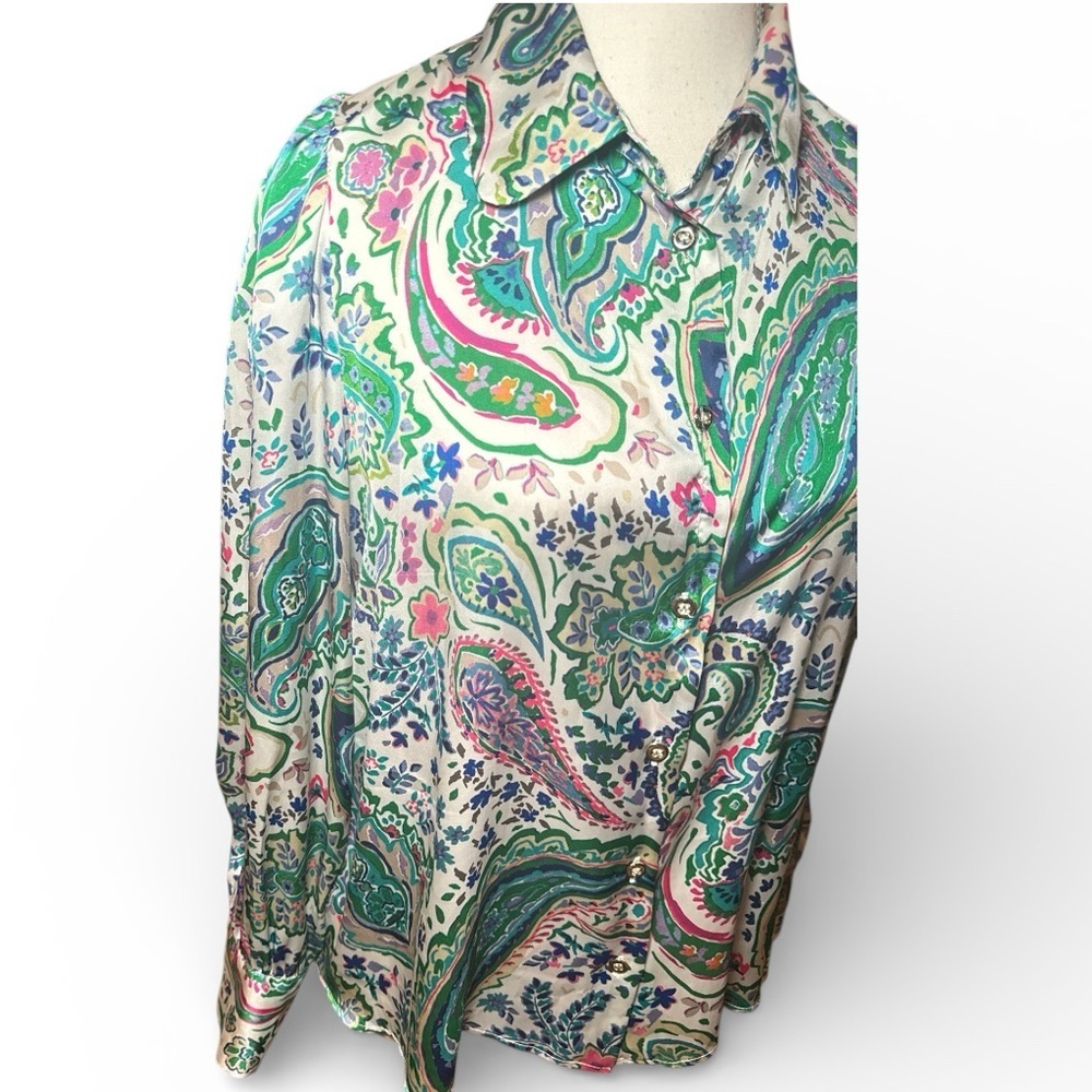 ZARA Paisley Print Satin Blouse Sz M Green Pink Boho Button Front - Picture 9 of 14